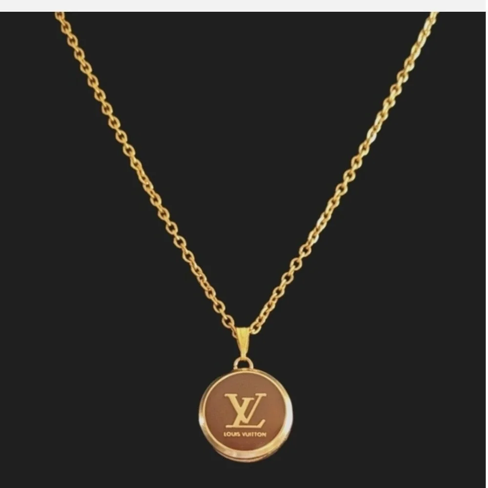 Louis Vuitton Upcycled Button Pendant Necklace Gold Tone LV Monogram Brown - Picture 2 of 5